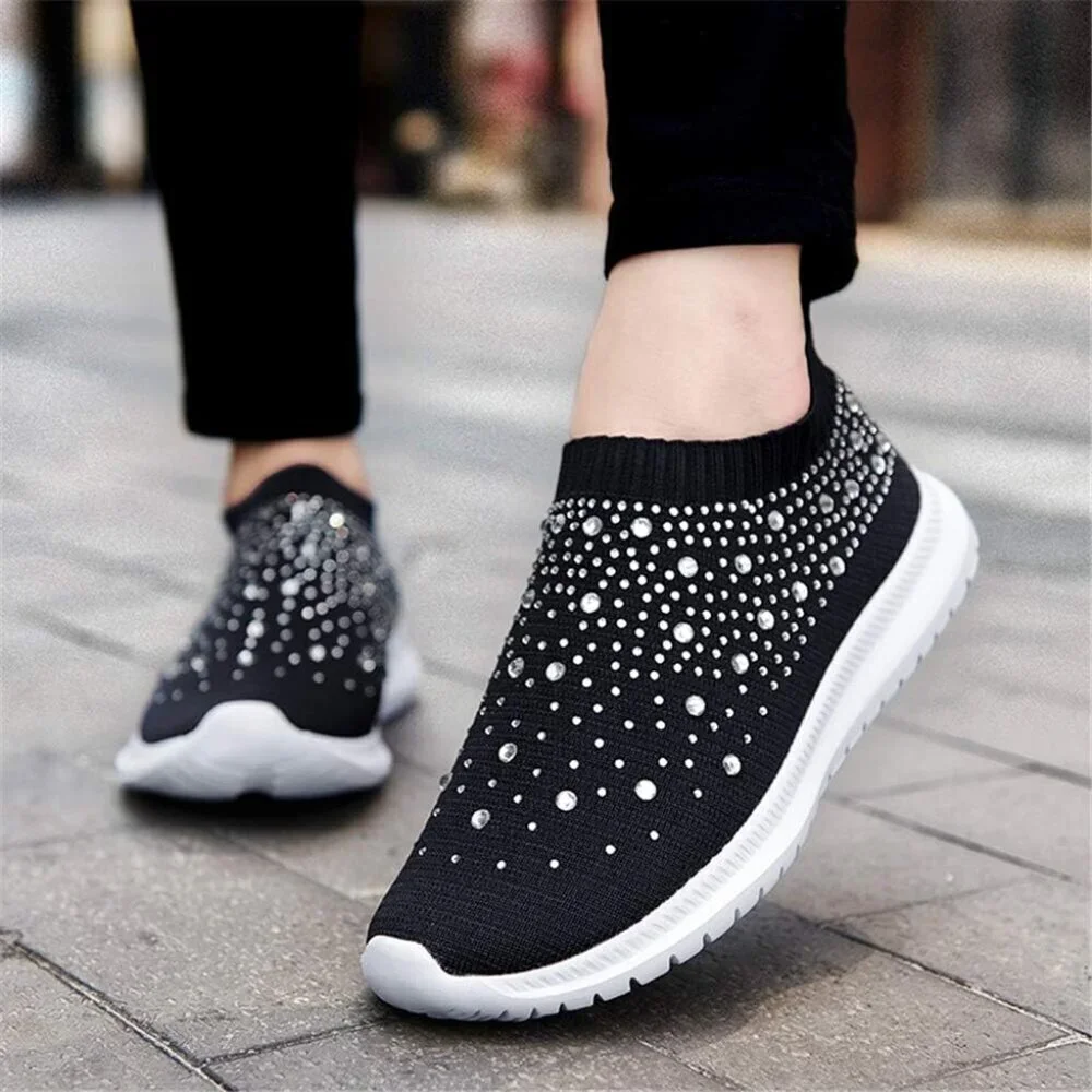 Women's Walking Shoes Rhinestone Glitter Slip On Ballroom Sneakers Dark Blue